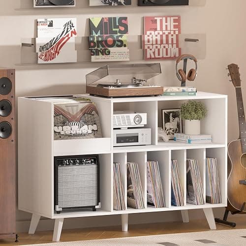 LELELINKY Large Record Player Stand, 48''Turntable Stand with Storage, Vinyl Record Holder with Display Area, Record Player Table Holds Up to 450 Albums, Record Stand for Music Room Living Room - Image 1