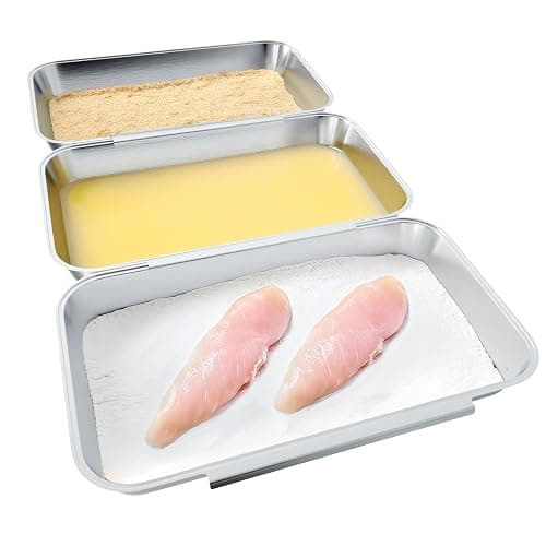 Set of 3 Larger Interlocking Breading Trays | 10.4" x 6.1" x 1.2" | Stackable Dredging Trays for Breading, Marinating, Roasting | Non-Toxic Stainless Steel Breading Pans | Oven & Dishwasher Safe - Image 1