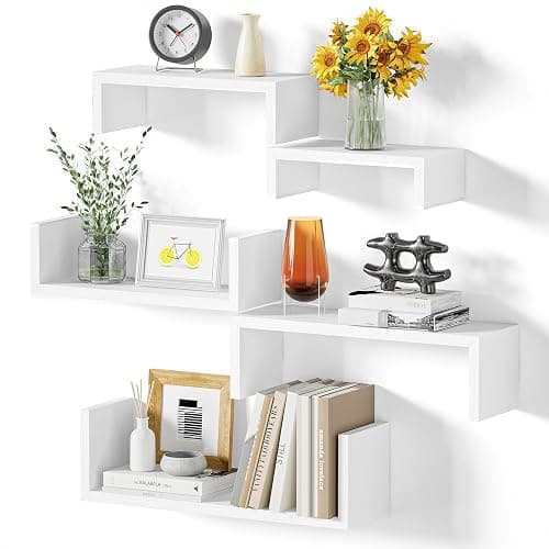 SRIWATANA Floating Shelves for Wall, Wall Shelves for Bathroom, Bedroom, Living Room, Kitchen, Office, Wood Shelves for Home Decor Set of 5 (Washed White) - Image 1