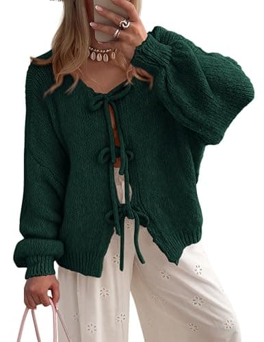 PRETTYGARDEN Women's Tie Front Bow Cardigan Sweaters Chunky Knit Long Puff Sleeve Trendy Fall Winter Jacket Coats - Image 1