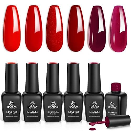 Beetles Red Gel Polish Set - 6 Colors Burgundy Red Gel Nail Polish Popular Shimmer Red-Obsession Collection Nails Art Design Soak Off Uv LED Nail Kit Minicure DIY Home Gifts for Women - Burgundy Red Shimmer - Image 1
