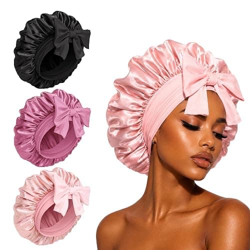 3 Pack Satin Bonnet for Sleeping Women, Large Silk Hair Bonnet for Long Thick Hair & Braids, Adjustable Tie Band Sleep Cap - Image 1
