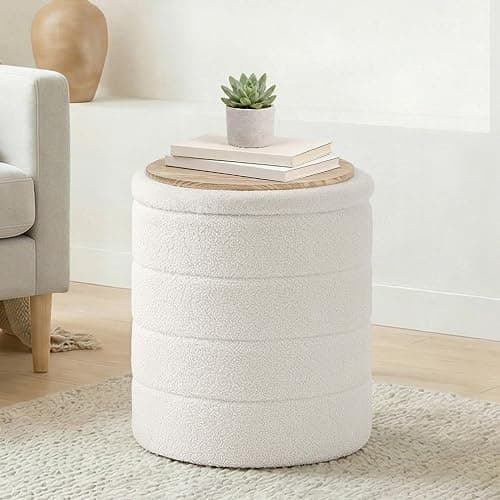 CAIPINFUL 14.5" Round Storage Ottoman,Boucle Sherpa Ottoman with Tray, Faux Teddy Foot Rest Coffee Table for Bedroom Dorm Living Room,White - Image 1