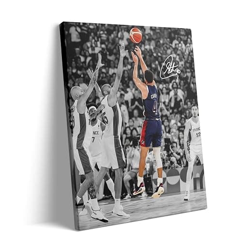 NBA Canvas Wall Art Decor - Stephen Curry Iconic Three-Point Shot Team USA Olympic Game Scene, Basketball Wall Poster for Sports Fans, Home, Bedroom or Game Room Decor 16X20 inch - Image 1