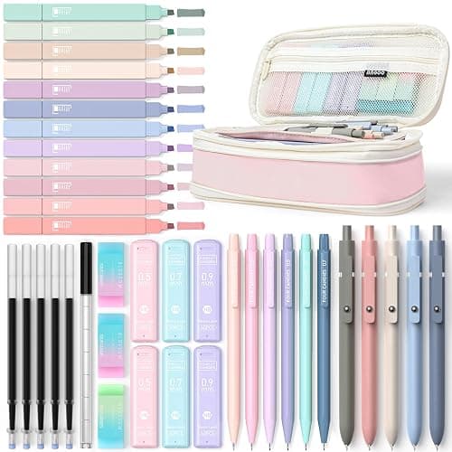 Four Candies 39 PCS Aesthetic School Supplies with Cute Pen Case, 12 Pastel Highlighters, 5 Black Ink Gel Pens, 6 Mechanical Pencils Set for Students Stationary College Essentials (Pink) - Image 1