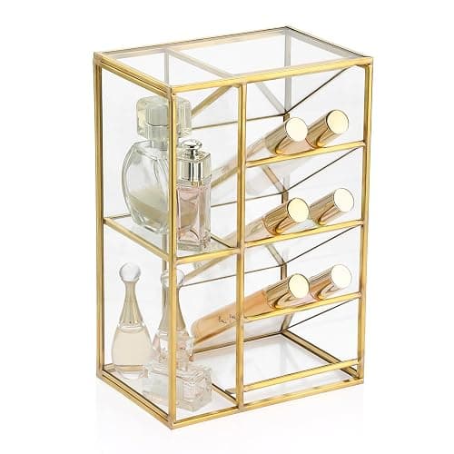 ELLDOO Rollerball Perfume Organizer, 6 Compartment Clear Glass Perfume Storage Holder Vintage Beauty Scent Holder, Metal Makeup Lipgloss Lipstick Display Case - Image 1