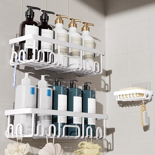 Veken Shower Caddy 3-Pack, Advanced Rustproof Design, No Drilling Adhesive Shelves, Rack with Soap Holder, Large Capacity Bathroom Organizers and Storage, Wall-Mounted Kitchen & Home Decor, White - Image 1