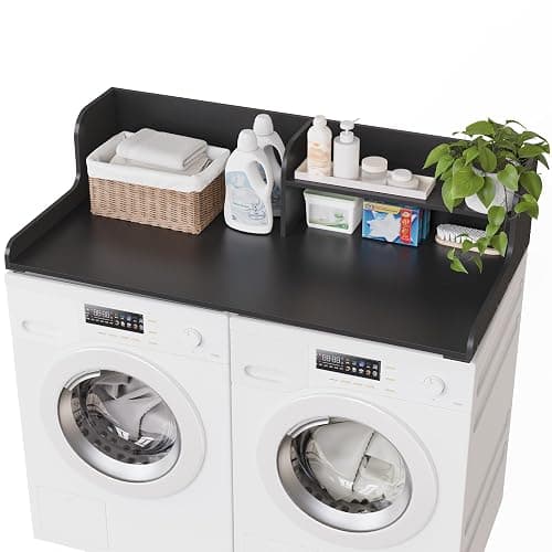 DTK Washer Dryer Wood Countertop with Shelf, Laundry Topper with Non-Slip Mat,27.55" Depth x 54" Width Dryer Covers for The Top with Edge Rails, Black - Image 1