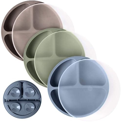 WeeSprout Suction Plates with Lids for Babies & Toddlers - 100% Silicone, Dinnerware Stays Put, Divided Design for Picky Eaters, Microwave & Dishwasher Friendly, 3 Pack - Matte Dark Grey, Blue & Green - With Lids - Image 1