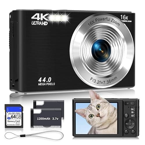 Digital Camera 4K, Upgrade Black Cameras for Teens, Autofocus Digital Point and Shoot Camera for Kids with 16X Zoom, 64GB SD Card, Compact Small Camera for Boys Girls Teens Kids Gift - Image 1