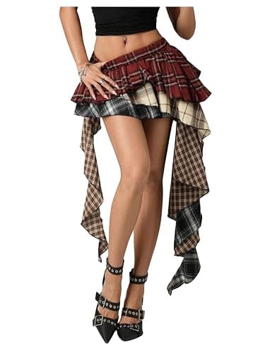 SOLY HUX Women's Plaid Skirt Y2k A Line Layered Asymmetrical Hem Ruffle Mini Skirts with Shorts Underneath - Image 1