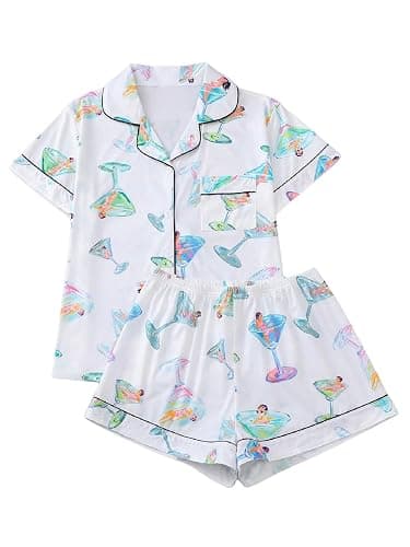 WDIRARA Women's Two Piece Animal Print Short Sleeve Button Shirt and Elastic Waist Shorts Pajama Set - Image 1
