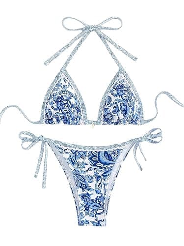 BYFINECANY Women's Floral Printed Bathing Suit Halter Paisley Summer Swimsuit Bikinis Set - Small - Blue - Image 1