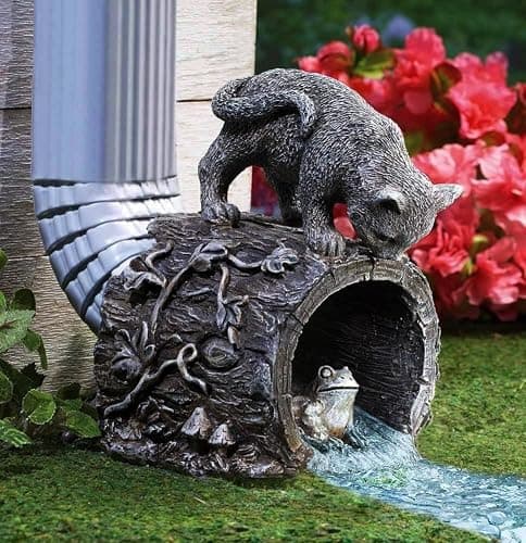 Gutter Downspout Extension - Downspout Splash Block - Downspout Diverter Garden Statue (Playful Chasing Kitty and Frog) - Image 1