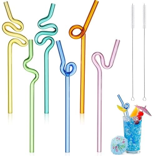 Yinkin 6 Pcs Wavy Glass Straws Reusable Curved Straw Shatter Resistant with 2 Cleaning Brushes Clear Silly High Borosilicate for Kids Adults Smoothies Juice (Colorful, 8 Inch) - Image 1
