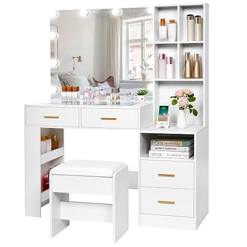 BEWISHOME White Vanity Desk with Mirror and Lights,Makeup Vanity Set with Glass Top,Large Dressing Table with Charging Station,4 Drawers,Nightstand,Stool,Makeup Desk for Girls Women Bedroom FST28W - Image 1