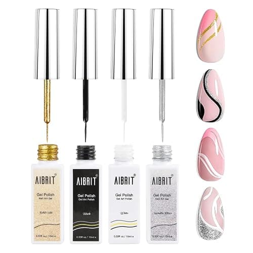 Gel Liner Art Polish Set 10ml, 4 Colors Black White Gold Silver Design Paint with Thin Brush in Bottle for Swirl/ Euphoria French Tips Manicure Painting DIY at Home - Image 1