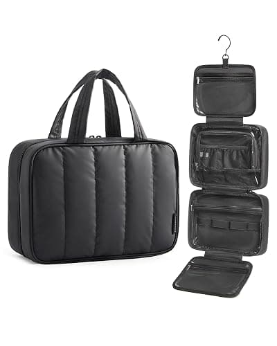 BAGSMART Travel Toiletry Bag for women, Portable Hanging Hook Makeup Bag Organizer, Waterproof Makeup Cosmetic Bag, for Full-Size Accessories, Toiletries,Black - Image 1