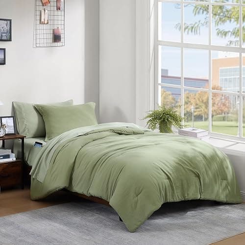 WRENSONGE Twin Comforter Set- 5 Pieces Sage Green Bed in a Bag, All Season Twin XL Bedding Sets with 1 Fitted Sheet, 1 Flat Sheet, 1 Pillow Sham and 1 Pillowcase - Sage Green - 5Pcs-Twin/Twin XL(66"*90") - Image 1