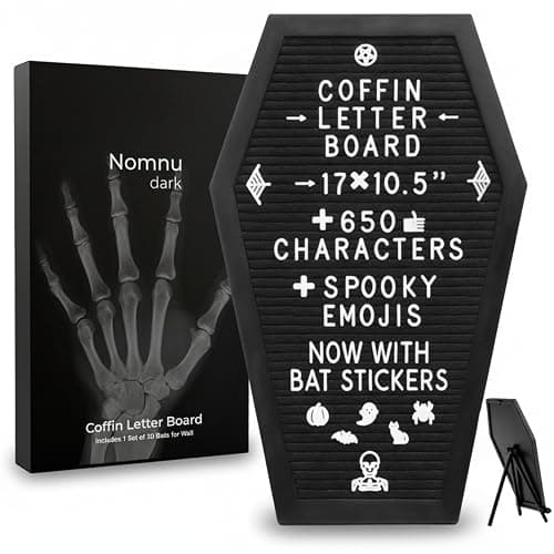 Nomnu Coffin Letter Board, Black Goth Decor with Bat Stickers Spooky Emojis | Wood and Felt board 17x10.5 inches +650 characters 80+ spooky gothic seasonal emojis, sawtooth hanger. Tabletop Stand - Image 1