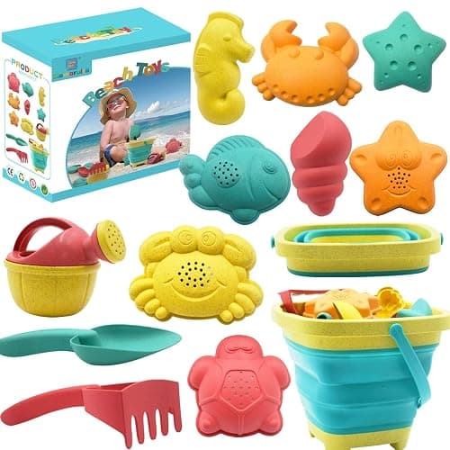 Beach Toys for Kids - Sand Toys Set Includes Collapsible Sand Bucket Shovel and Sand Rake Toy for Beach 12 PCS, Sandbox Toys Sandcastle Building Kit (A) - Image 1