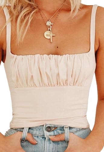 Women Crop Tank Top Sexy Square V Neck Double Lined Ruched Corset Cute Cropped Sleeveless Cami Summer Outfit Going Out Top - Image 1