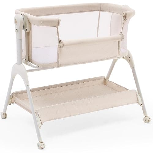 HARPPA Cuddly Baby Bassinet Bedside Sleeper, 3 in 1 Rocking Bassinet with Mattress and Soft Cover, Full Mesh Sides, 5 Height Adjustable with Wheels for Newborns, Beige - Image 1