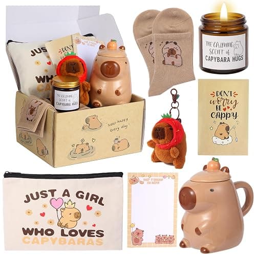 Capybara Gifts for Women Capibara Stuff with Mug Cup Makeup Bag Sock Candle Keychain Notepad and Gift Cards Gift for Capybara Lover - Image 1