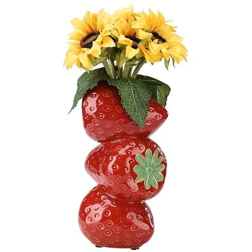 BestAlice Strawberry Vase for Flowers, Cute Ceramic Decorative Vase, Vintage Inspired Strawberry Vase, Creative Fruit Strawberry Flower Arrangement for Home Kitchen Decorations(Red, 3x8inch) - Red - 4x3x8inch/10x8x20cm - Image 1