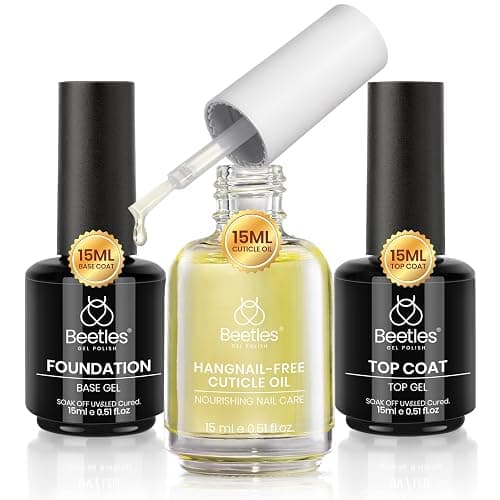 Beetles Gel Top Coat Base Coat Cuticle Oil Set, 3Pcs 15ml No Wipe Top Coat Gel Nail Polish Glossy Shine Long Lasting Cuticle Protectors Kit Oil Care for Dry Damaged Cuticles Gift for Women - Image 1