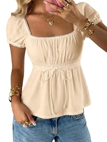 SOLY HUX Women's Square Neck Short Sleeve Peplum Tops Cute Summer Blouse for Teen Girls Babydoll Top T Shirt - Image 1