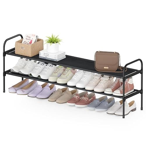 HITHIM 2 Tier Long Shoe Rack for Closet, Screw Fastened Plastic Connector Shoe Storage Organizer, Non-Woven Fabric Metal Shoe Shelf, Holds 18-21 Pairs for Front Door Entrance, 48.5"x12.1"x17.8" - 2 tier - Image 1
