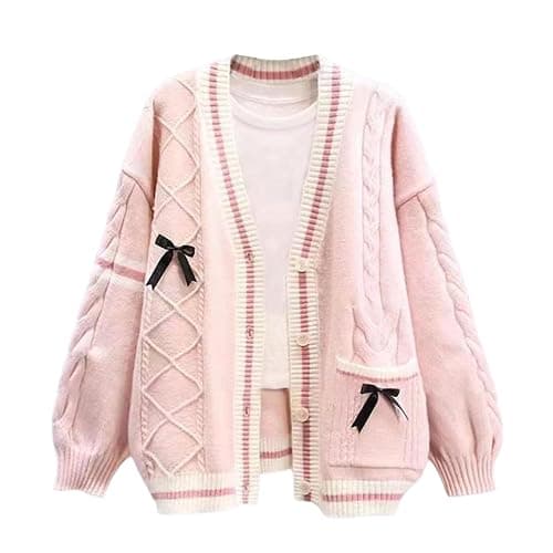 FindThy Women’s Kawaii JK School Uniform Cardigans Long Sleeve Button Up Cardigan with Pinned Bowknot - Image 1