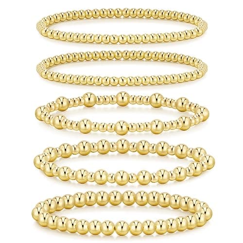 adoyi Gold Bracelets for Women Waterproof, 14K Gold Plated Beaded Strand Bead Ball Bracelets stack Adjustable Jewelry Set for Gifts - Image 1