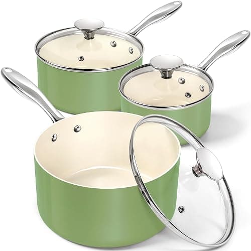 MICHELANGELO Sauce Pan with Lid, Non Stick Saucepan Set of 3-1Qt & 2Qt & 3Qt Small Pots for Cooking, Ceramic Saucepan - Non-Toxic, Scratch-Resistant, Oven Safe, Natural Green - Image 1