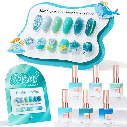Double Rhythm 6 Pcs 15 ML Gel Polish Set Same Color Same Bottle Soak Off Cat Eye Glitter Gel Polish Kit Nail Art Manicure Salon DIY at Home for Women (Teal Mint Green-T6-96) - Image 1