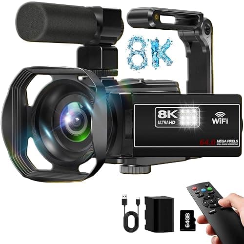 Video Camera 8K Camcorder, 64MP IR Night Vision Vlogging Camera for YouTube | WiFi, 18X Digital Zoom, 3.0 Inch Touch Screen, Microphone, Lens Hood, 64GB SD Card, Remote Control, 4500mAh Battery - Image 1