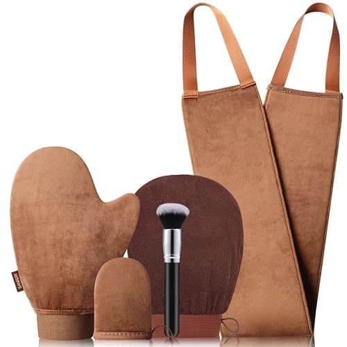 Sanfery 5-Piece Self Tanning Mitt Kit with Self Tanner Back Applicator, Self Tanning Brush, Exfoliating Mitt & Accessories for Flawless Tan - Image 1