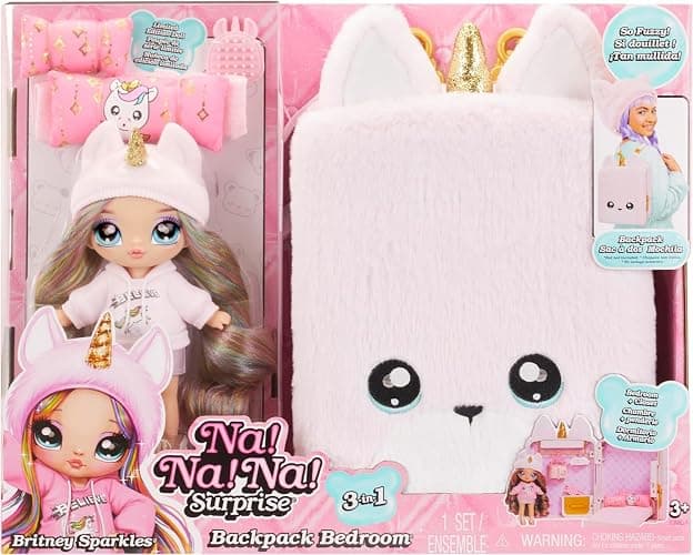 Na! Na! Na! Surprise 3-in-1 Backpack Bedroom Unicorn Playset Britney Sparkles Fashion Doll, Fuzzy Pink Unicorn Backpack, Closet with Pillows & Blanket, Kids Gift Ages 4 5 6 7 8+ - Image 1