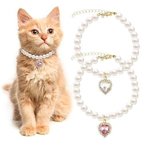 Tyqour 2pcs Cute Girl Cat Collar, Fancy Dog Pearl Necklace Collars Adjustable Pearl Dog Cats Collars with Small Heart Shape Rhinestone for Small Dogs and Cats, Pink Heart + White Heart - Image 1