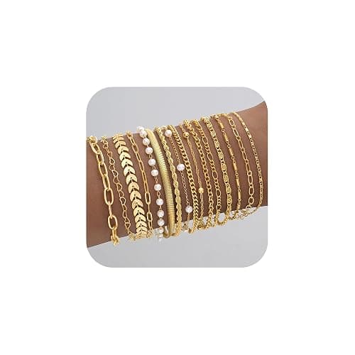 16 PCS Gold Bracelets for Women, Dainty Bracelets Set for Women Trendy, Gold Stackable Cuban Link Paperclip Chain Bracelet Pack Jewelry Gifts for Women - Image 1