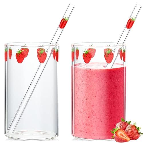 Tessco for you 2 Sets Strawberry Cups Strawberry Glass Cup with Straw Glass Tumbler Drinking Cherry Clear Tumbler Berry Pattern Glasses Bottle for Juice Water Milk Coffee Tea(Lovely) - Image 1