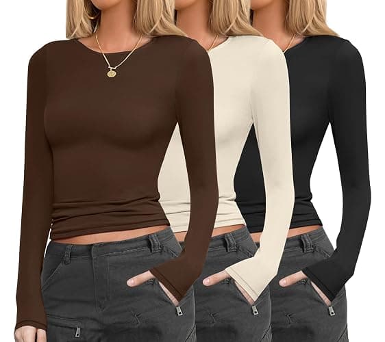 Ekouaer Womens 3 Pack Long Sleeve Shirts Fitted Tops Underscrub Undershirt | Underscrub Long Sleeve Women, Stretchy Under Scrubs Top, Gym to Going Out Tight Basic Layer Long Sleeve Shirts XS-XXL - Image 1