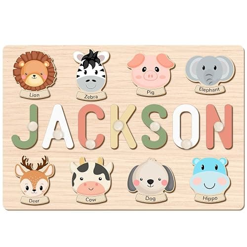 AZUFEMOS Personalized Name Puzzle for Kids, Personalized Baby Gifts Custom Name Puzzles for Toddlers 1-3 Animal Puzzle, Customized 1st Birthday for Girls & Boys Wooden Puzzle Montessor Toys for Kids - Animal Name Puzzle - Image 1
