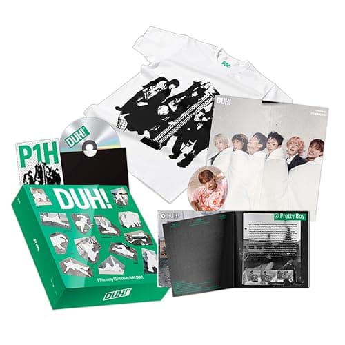 P1Harmony - 8th Mini Album DUH! MD/Plain White T Ver. Out Box + T-Shirt + Photo Book R + Sticker + Selfie Photo Card + Folded Poster + 3 Extra Photocards - Image 1