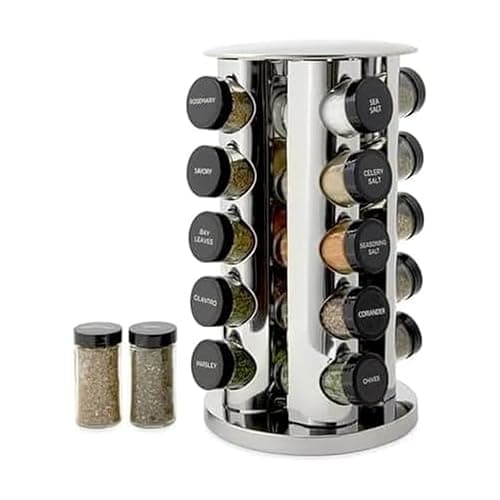 Kamenstein 20 Jar Revolving Countertop Spice Rack with Spices Included, FREE Spice Refills for 5 Years, Polished Stainless Steel with Black Caps, 30020 - Image 1