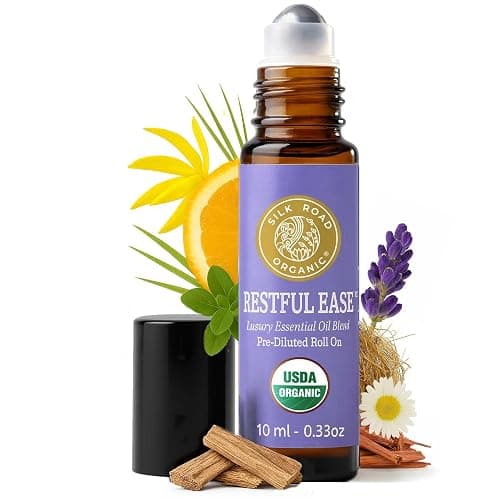 Silk Road Organic Restful Ease Essential Oil Sleep & Stress Blend Roll On - 100% Pure USDA Certified with Indian Sandalwood - Stress Ease Aromatherapy & Calming Relaxation - 10 ml Roller - Image 1