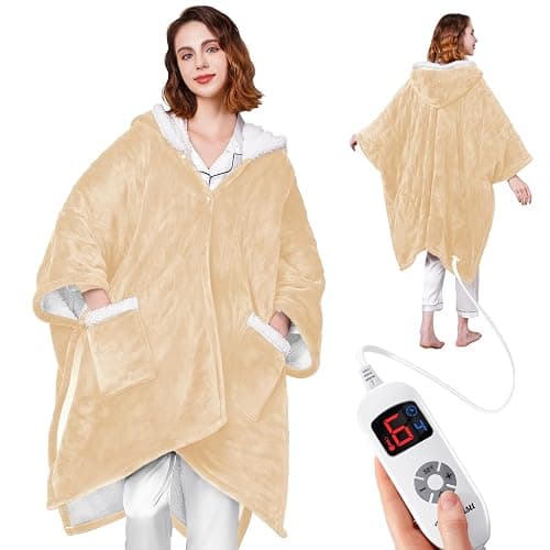Yokimisu Wearable Heated Blanket - Cozy Gift for Women, Mom, Men| Reversible Flannel & Sherpa Electric Wrap with Pockets & Hood, 6 Heat Levels, 1-4H Timer, ETL Safe, Machine Wash, 50"x70" Beige - Image 1