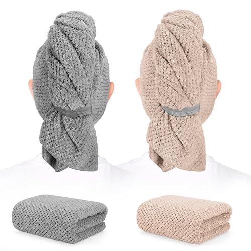 BEoffer 2 Pack Microfiber Hair Towel - 41 x 24 inches Super Soft, Absorbent, Fast Drying Without Frizz Hair Towel Wrap for Women Long, Thick, Curly Hair - Hair Turbans with Elastic Strap - Image 1