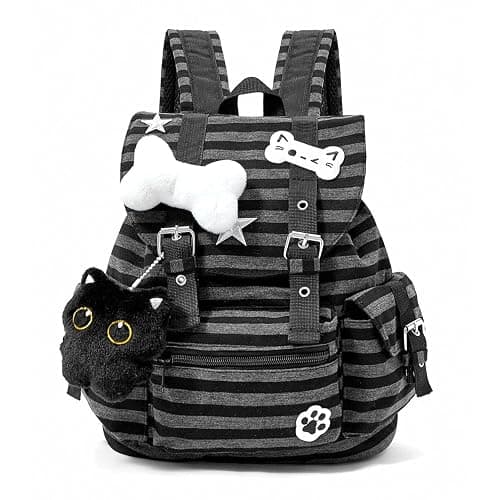 TIAASTAP Cute School Bag for Girls Striped Preppy School Backpack Kawaii Aesthetic Rucksack with Cat Decor for Teenage Secondary Primary Middle - Image 1